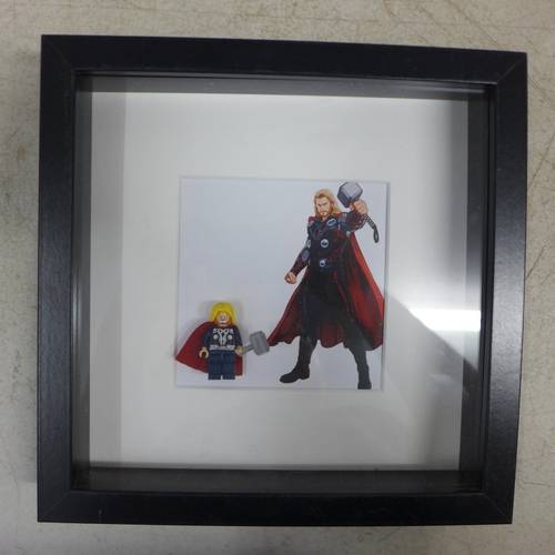 2105 - Four Lego Super Hero framed figures including Deadpool, Captain America, Iron Man and Thor