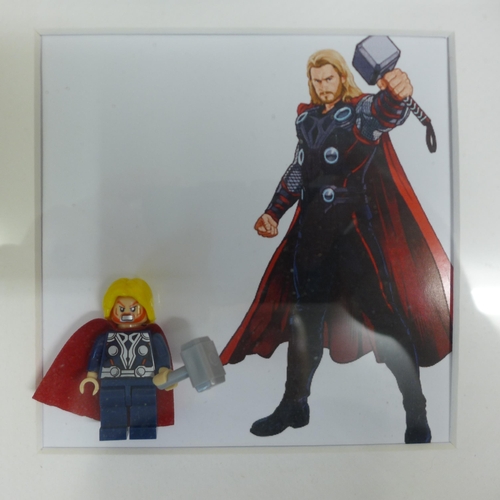 2105 - Four Lego Super Hero framed figures including Deadpool, Captain America, Iron Man and Thor