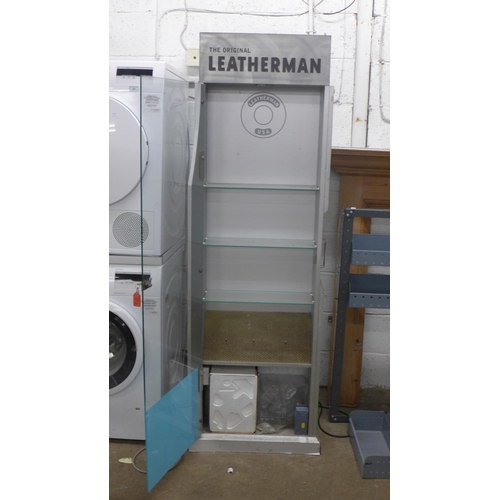 2146 - A wood and glass Leatherman shop display cabinet - with 2 keys