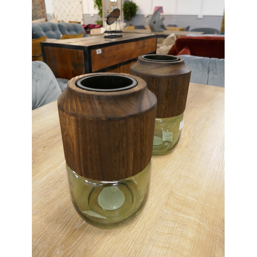 1367 - A pair of Sage glass vases with wood accents