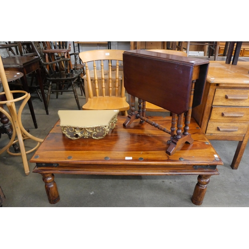 236 - An Edward VII walnut Sutherland table, a Thakat hardwood coffee table, a pair of beech kitchen chair... 