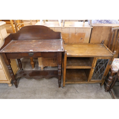 243 - A Victorian stained pine washstand, a 17th Century style carved oak blanket box and a trolley