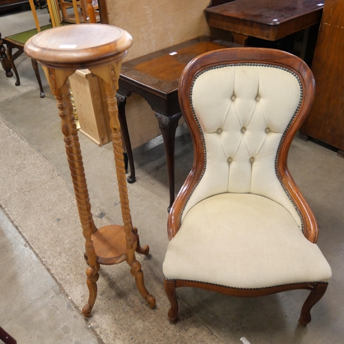 262 - A Victorian style beech and fabric upholstered lady's chair and a torchere