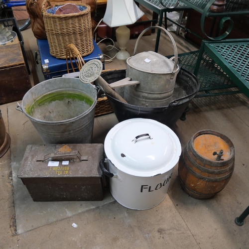 309 - An ammunition box, galvanised watering can, bucket, flour bin and a small wine barrel