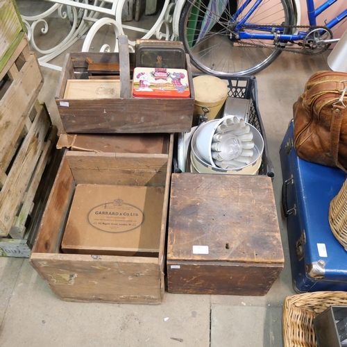 312 - Assorted wooden crates and tin ware