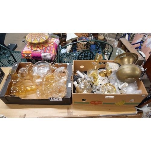 320 - Assorted glass oil lamp shades, chimneys and light fittings