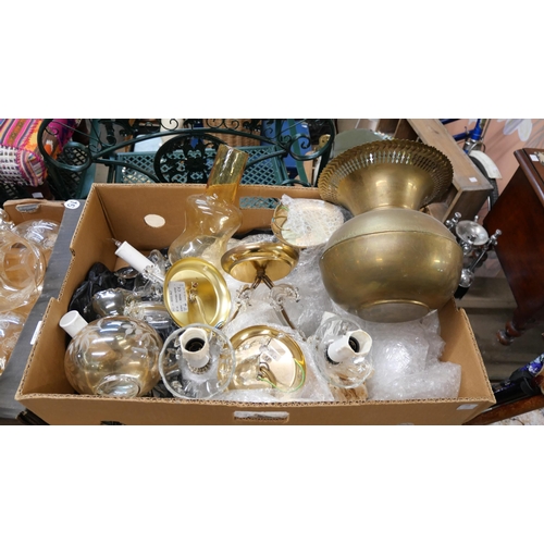 320 - Assorted glass oil lamp shades, chimneys and light fittings