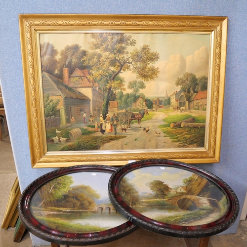 325 - A pair of oval rural landscapes, oil on board, framed and a print