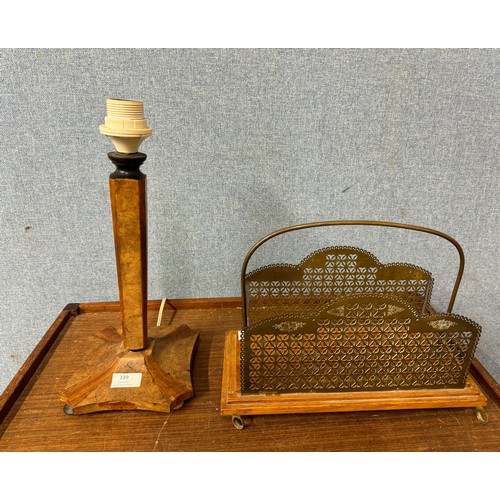 339 - An Edward VII oak and brass letter rack and an Art Deco walnut table lamp