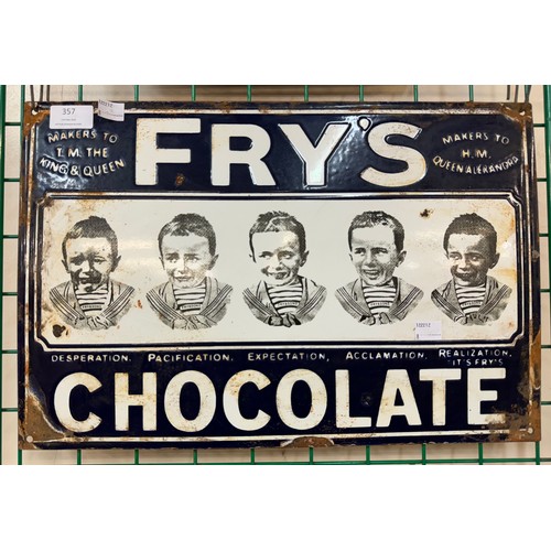 357 - An enamelled Frys Chocolate sign