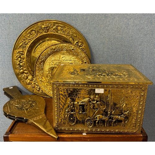 360 - A brass mounted coal box, bellows and two brass chargers