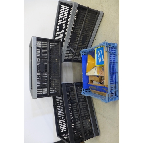 2339 - A plastic tote box of five folding crates, two cove mitres, eight texture combs and a pair of steel ... 