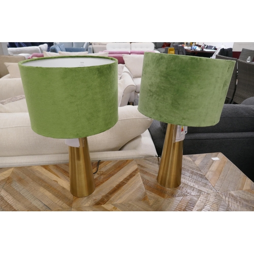 1317 - A pair of brass lamps with green velvet shades