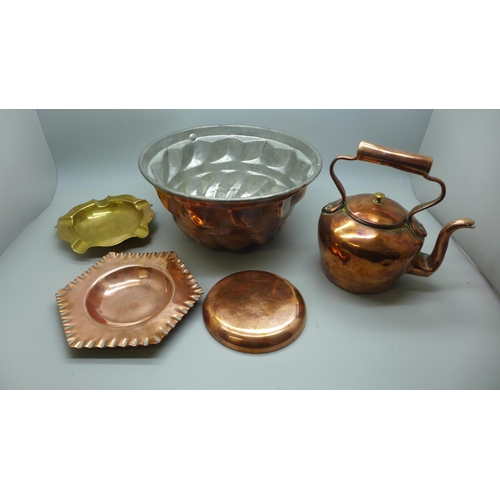 1001 - Two boxes of mixed copper; kettles, bellows, jelly mould, etc.