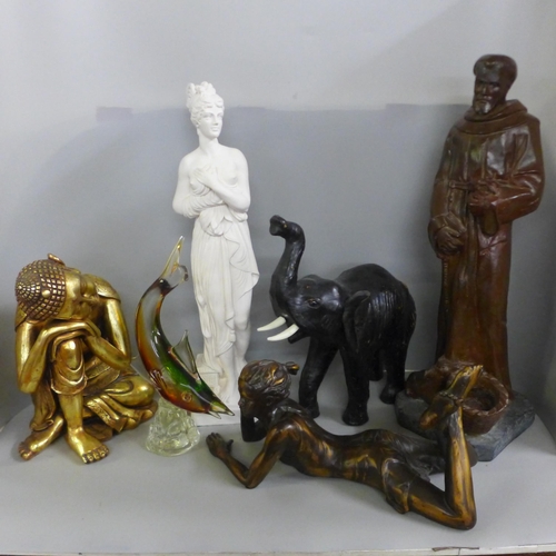 1008 - Two boxes of ornaments, a gold tone sleeping Buddha, 1950s vase, Franklin Mint Destiny figure, Roman... 