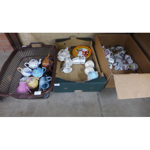 1012 - Three boxes of mixed decorative china including small teapots, retro tea wares, Clarice Cliff style ... 