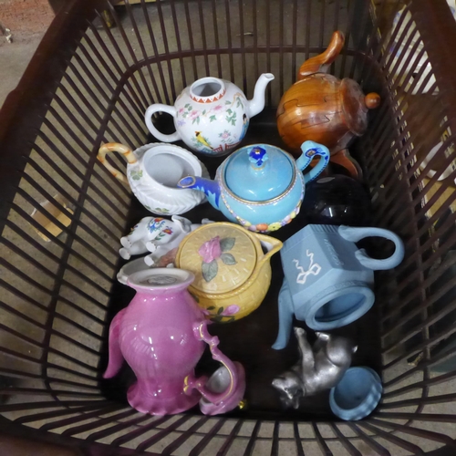 1012 - Three boxes of mixed decorative china including small teapots, retro tea wares, Clarice Cliff style ... 