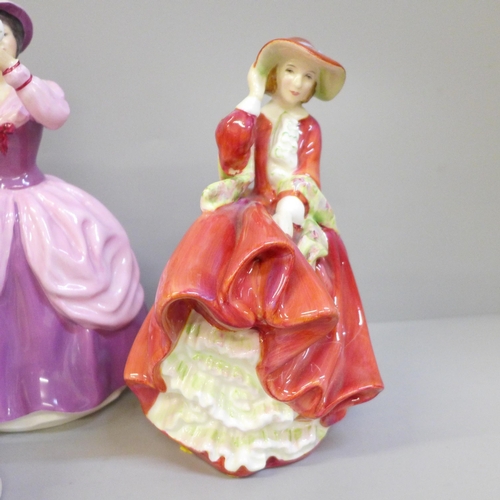 603 - Three Royal Doulton figures, Top O' The Hill, a/f, Lady Pamela, The Last Waltz and a figure group