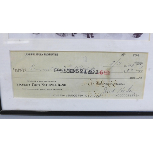 606 - A Jack Haley (Wizard of Oz) autograph cheque and photograph display with Rutland Autographs AFTAL re... 