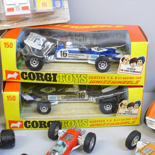 627 - Two WhizzWheels F1 cars, boxed, other F1 cars, Barton Toys Garage accessories, etc.