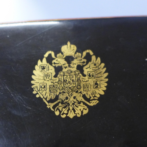 635 - A lacquered wooden box with Imperial Russian emblem on lid, a/f