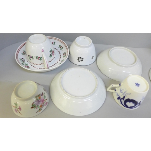 652 - A collection of Georgian porcelain, two pieces a/f, a Chinese blue and white cup and saucer, saucer ... 