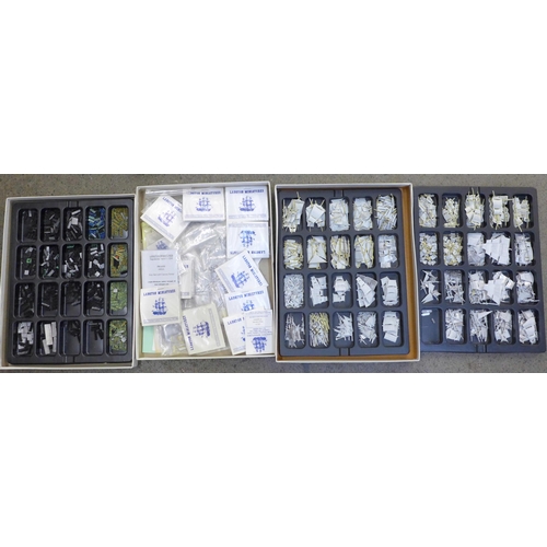 674 - Three boxes of Langton Miniatures modelling gaming accessories, tall masted ship and diorama battle ... 