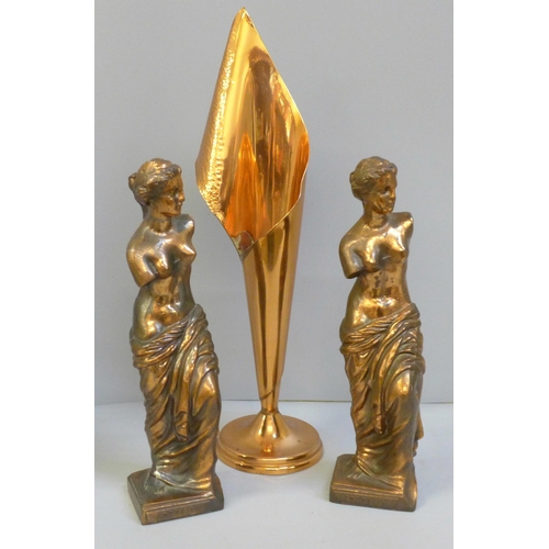 684 - A pair of copper toned metal figures of Aphrodite and a Rhodesia copper vase