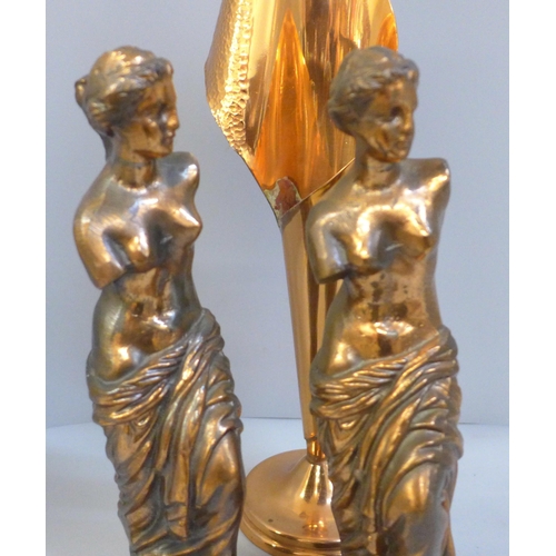 684 - A pair of copper toned metal figures of Aphrodite and a Rhodesia copper vase