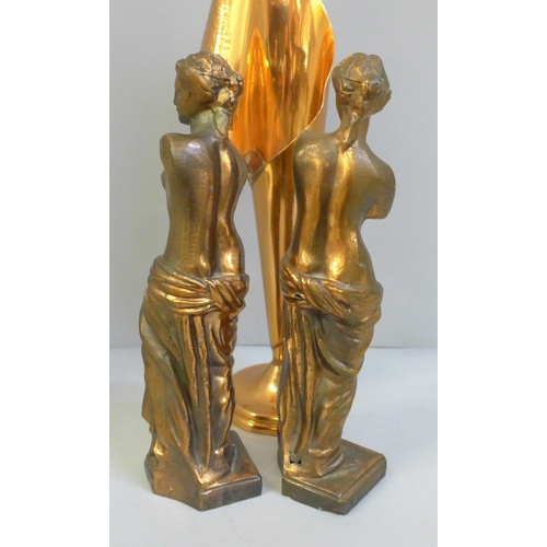 684 - A pair of copper toned metal figures of Aphrodite and a Rhodesia copper vase