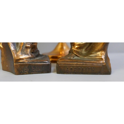 684 - A pair of copper toned metal figures of Aphrodite and a Rhodesia copper vase