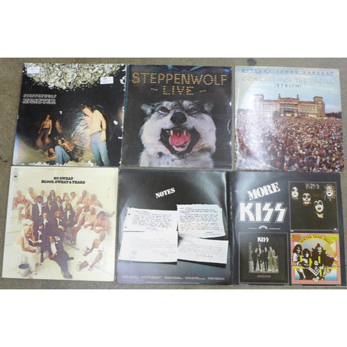 692 - Five LP records, Steppenwolf x2, Kiss, Barclay James Harvest and Blood, Sweat and Tears