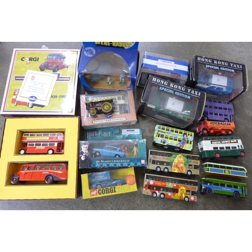 702 - A collection of die-cast buses and vehicles including Corgi, some boxed