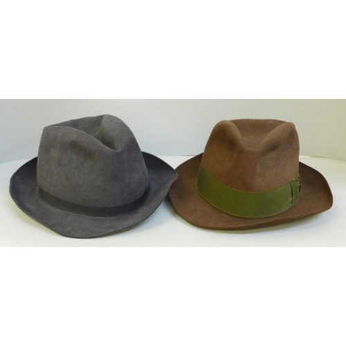 726 - Two gentleman's fedora hats; Bates, St. James' London and Scott & Co. Piccadilly