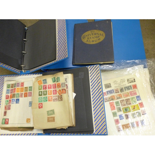 738 - A collection of stamp sheets and albums, and four new stamp collecting folders (hold 500 stamps each... 