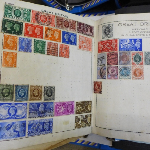 738 - A collection of stamp sheets and albums, and four new stamp collecting folders (hold 500 stamps each... 