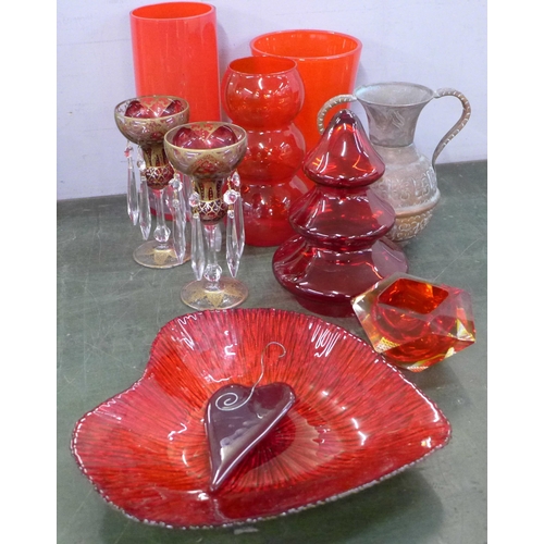 751 - A collection of red glass, a pair of lustres with red and gilt decoration and a copper vase **PLEASE... 