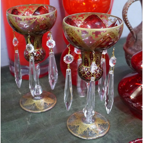 751 - A collection of red glass, a pair of lustres with red and gilt decoration and a copper vase **PLEASE... 