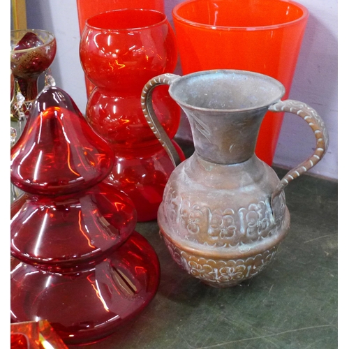 751 - A collection of red glass, a pair of lustres with red and gilt decoration and a copper vase **PLEASE... 