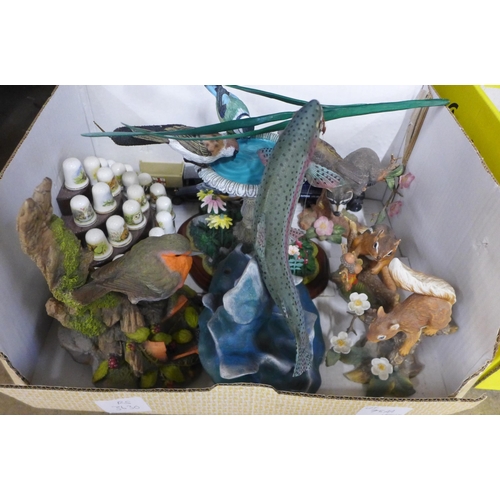 757A - Two boxes of mixed bird and animal figures, Brooks and Bentley, a Danbury Mint Rainbow Rising model ... 