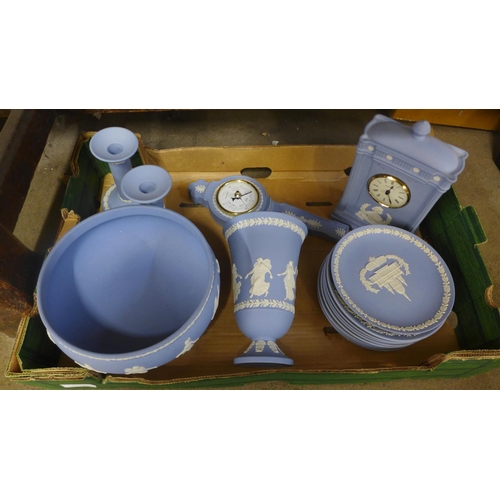 757B - Wedgwood candlesticks, barometer, pedestal bowl, vase and eleven plates