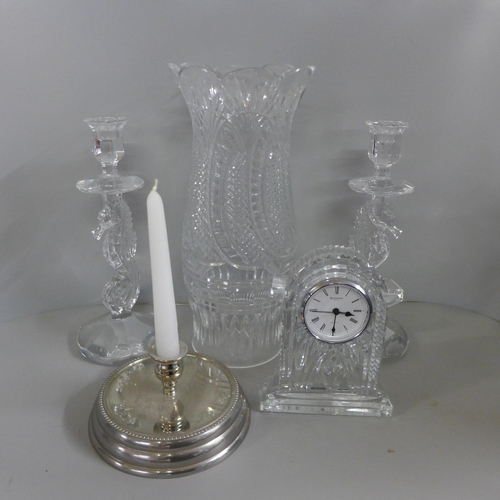 757D - Waterford Crystal; tall candle hurricane light and stand, a pair of seahorse candlesticks, all boxed... 