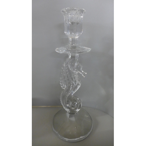 757D - Waterford Crystal; tall candle hurricane light and stand, a pair of seahorse candlesticks, all boxed... 