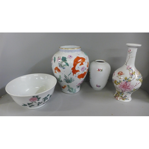 757E - Three decorative vases and a fruit bowl, one Weimar Germany and Brooks and Bentley