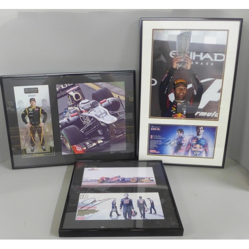 774 - Three motor racing autograph displays, Jean-Eric Vergne, Mark Webber and Kimi Räikkönen, each with C... 