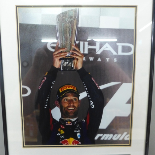 774 - Three motor racing autograph displays, Jean-Eric Vergne, Mark Webber and Kimi Räikkönen, each with C... 