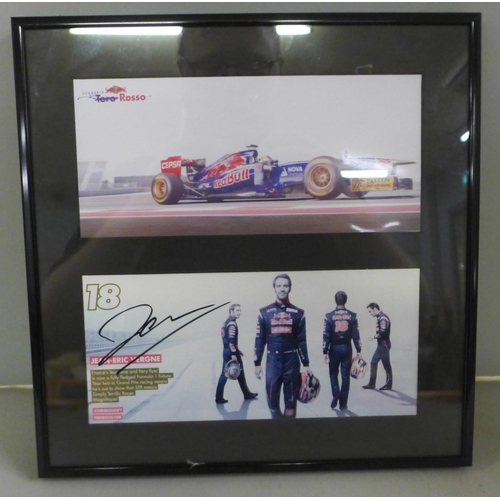 774 - Three motor racing autograph displays, Jean-Eric Vergne, Mark Webber and Kimi Räikkönen, each with C... 