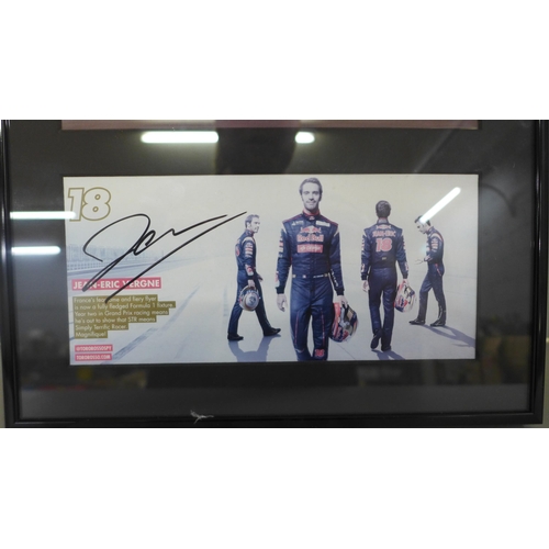 774 - Three motor racing autograph displays, Jean-Eric Vergne, Mark Webber and Kimi Räikkönen, each with C... 