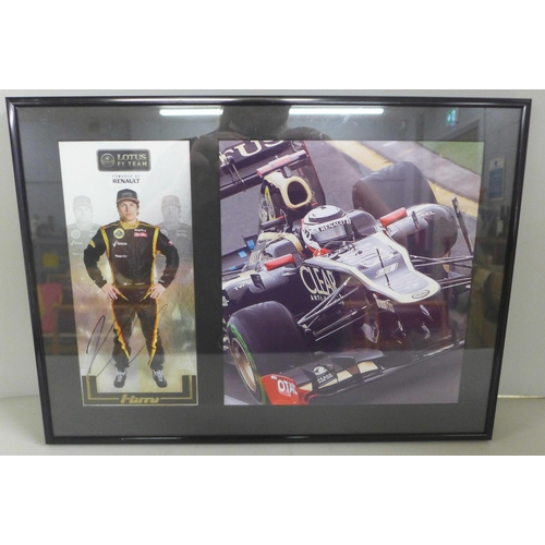 774 - Three motor racing autograph displays, Jean-Eric Vergne, Mark Webber and Kimi Räikkönen, each with C... 