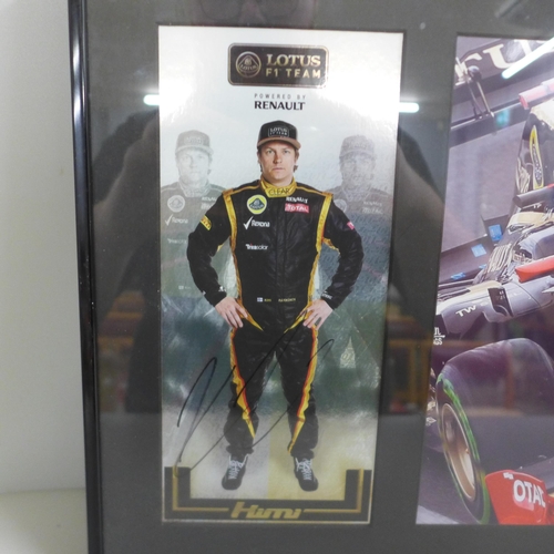 774 - Three motor racing autograph displays, Jean-Eric Vergne, Mark Webber and Kimi Räikkönen, each with C... 